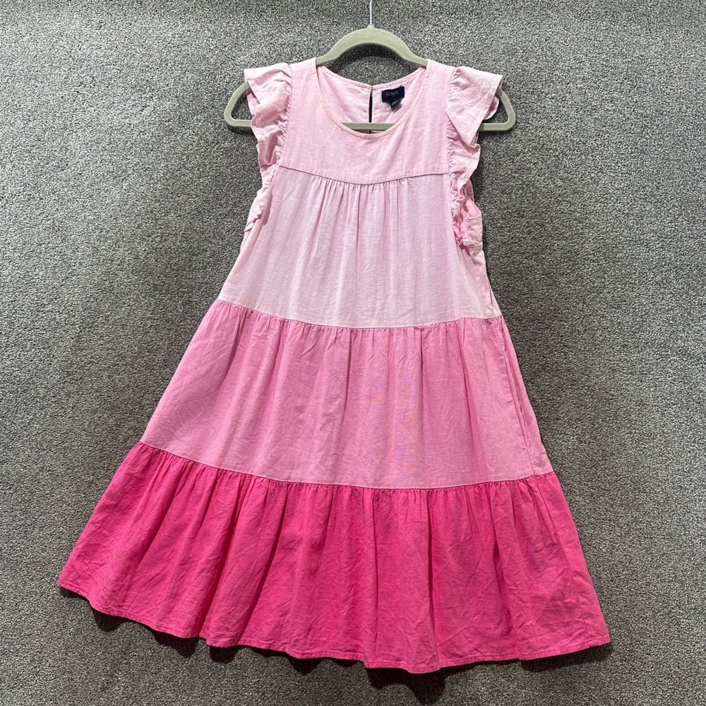 J Crew Tiered Mini Dress Size 00 Pink Ombre Linen Blend Ruffle Sleeve Sundress